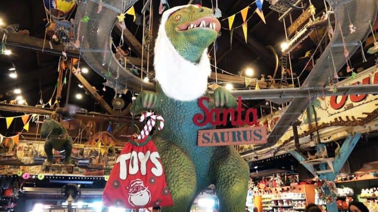 Santasaurus & More Holiday Decor in Chester & Hester's Dinosaur Treasures - Disney's Animal Kingdom